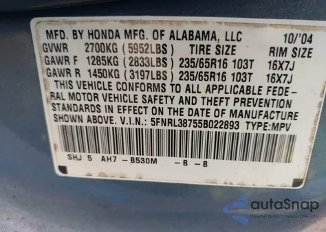 2005 Honda Odyssey Ex-L из США, поврежденный, VIN 5FNRL38755B022893